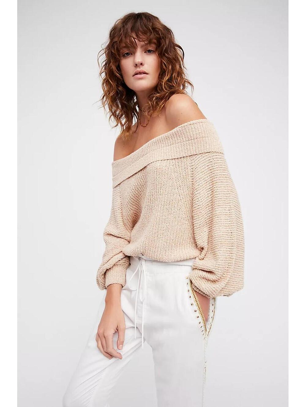 Free People Tan Edessa Boho Chunky Knit Oversized Off Shoulder Sweater- Sz Large